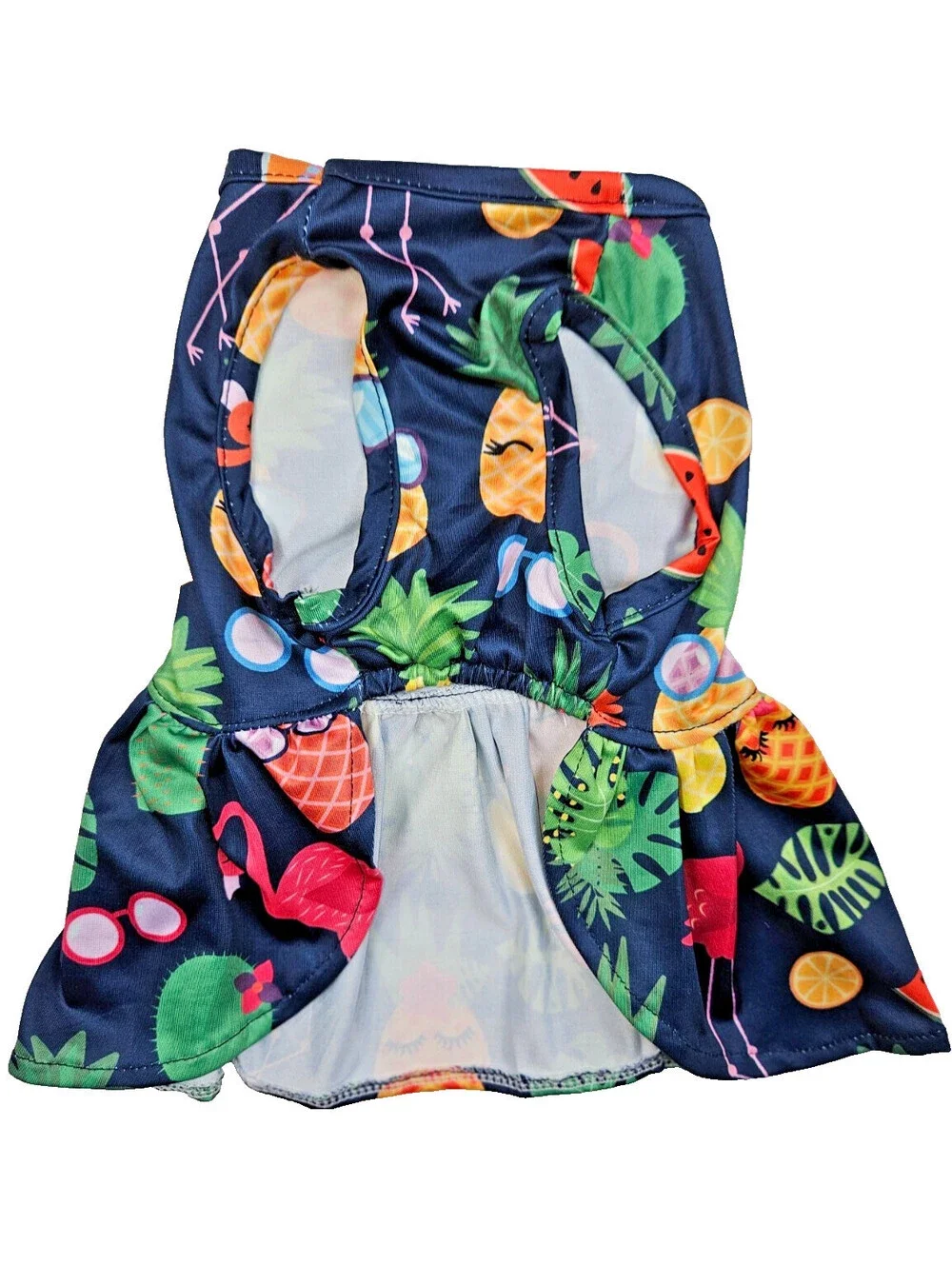 Dog Dress tropical print with flamingos, pineapples &cacti with bright pink bow